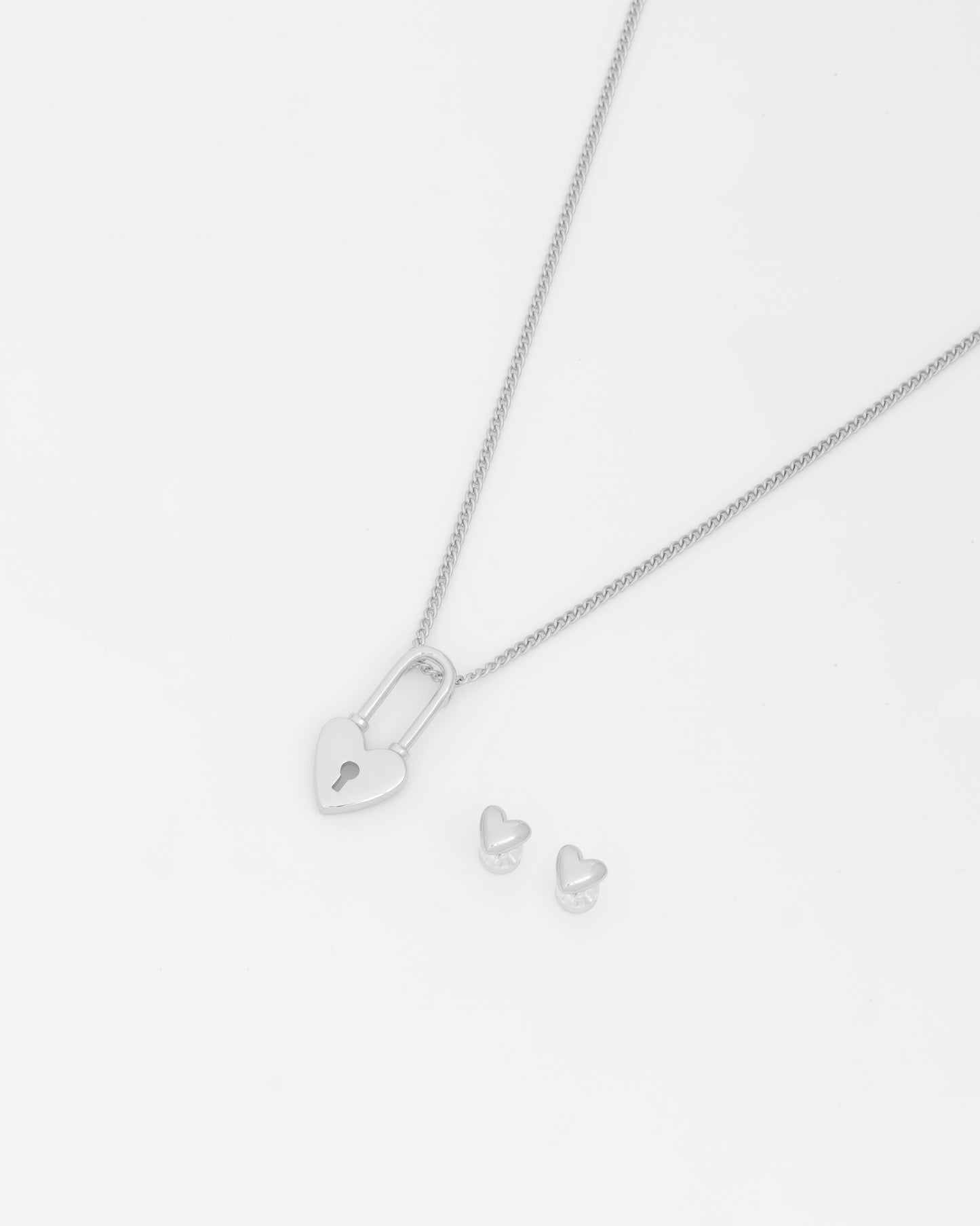 Collar Corazón Candado + Aretes Plata