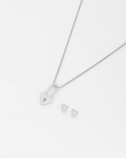 Collar Corazón Candado + Aretes Plata