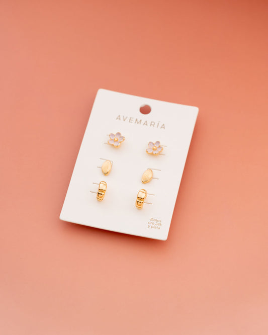 Set X3 Aretes Hoja y Flor